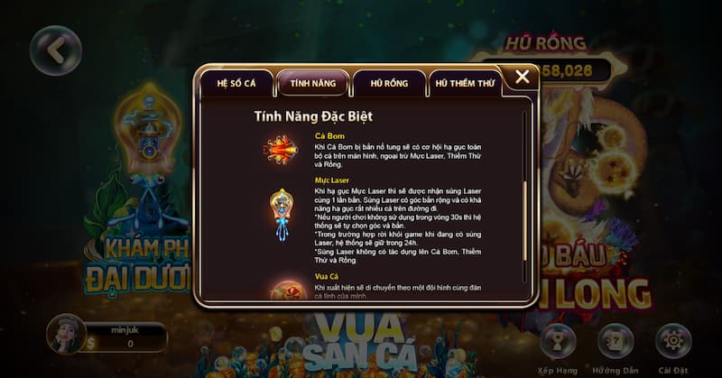 Game bắn cá đổi thưởng uy tín nhất hiện nay tại Sunwin 4 Nhiều tính năng đặc biệt được trang bị trong game Vua Săn Cá